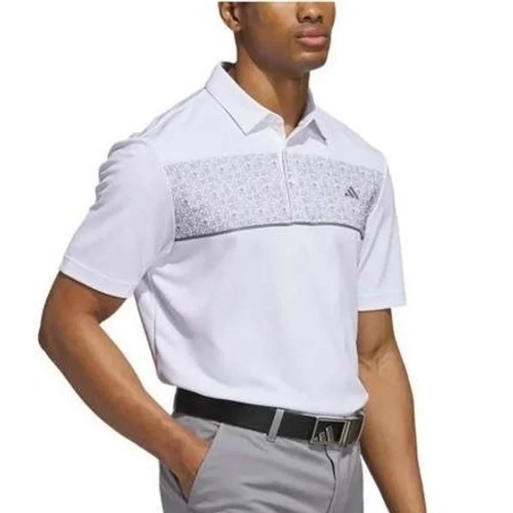 ADIDAS Golf Polo Mens XL (46-48) White Gray Floral Flowers‎ Moisture Wicking NWT